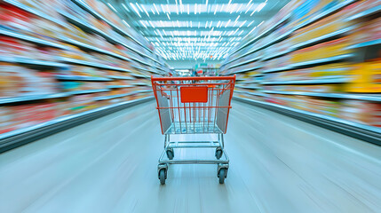 Empty Red Shopping Cart In Brightly Lit Supermarket Aisle With Blurred Shelves Full Of Colorful Products Motion Blur Effect Emphasizing Speed And