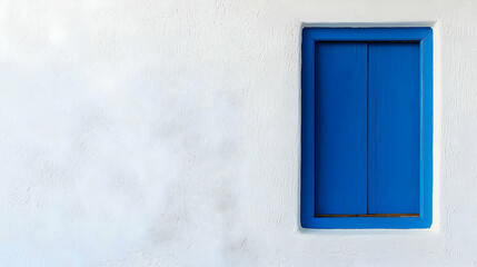 Bright Blue Window on a Textured White Wall in Santorini Greece Evokes a Sense of Tranquil Mediterranean Charm