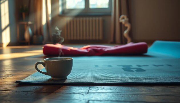 Morning tranquility a steaming cup of tea rests on a yoga mat in a sun-drenched room, promising a peaceful and revitalizing start to the day.