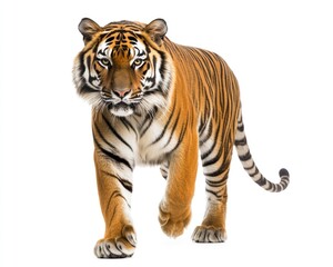 Obraz premium Majestic Tiger Striding Forward, Front View of a Big Cat on a Crisp White Background