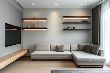 A modern living room featuring a modular sofa, a sleek storage bench, and floating shelves