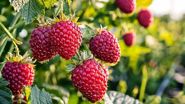 Ripe raspberries growing in a sunlit field during the summer harvest season