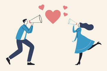 Social distancing valentine, lover couple telling I love you by keeping distance away due to COVID-19 Coronavirus concept, lovely boyfriend and girlfriend speak through megaphone with love heart shape