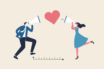 Social distancing valentine, lover couple telling I love you by keeping distance away due to COVID-19 Coronavirus concept, lovely boyfriend and girlfriend speak through megaphone with love heart shape