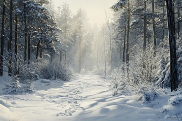 Obraz premium A serene winter landscape with snow-covered trees and a winding path illuminated by sunlight.