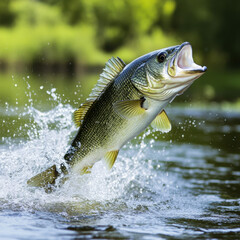Largemouth Bass Jumping Out of Clear Water Under Bright Sunny Sky