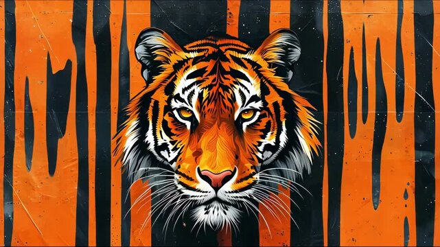 Vivid illustration of a tiger against an orange and black backdrop
