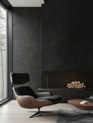 An elegant modern chair appears with the fireplace and wood logs