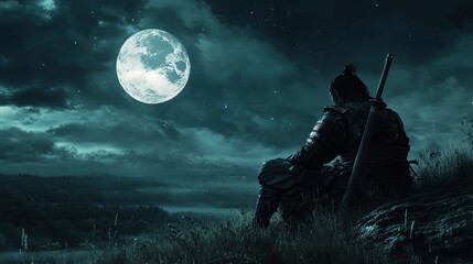 Feudal samurai resting on hillside under moonlit sky