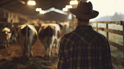 Farmer Observing Cattle in Barn at Sunset with Warm Lighting and Rustic Atmosphere