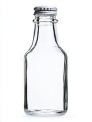 Clear Glass Bottle with Silver Cap on White Background