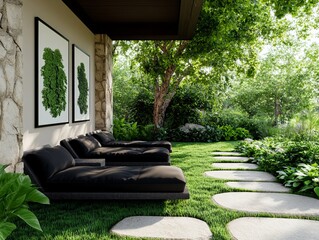 Stylish outdoor lounge with black cushioned sunbeds on green grass surrounded by lush plants and trees in a serene garden setting