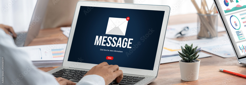 Poster Email notification message showing on computer screen brisk. Digital marketing message information text from business to customer client