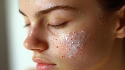 Fototapeta premium Close-up of young woman's face with acne and applied cream.