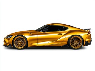Obraz premium Golden Sports Car Profile Sleek Design, Detailed Wheels, White Background