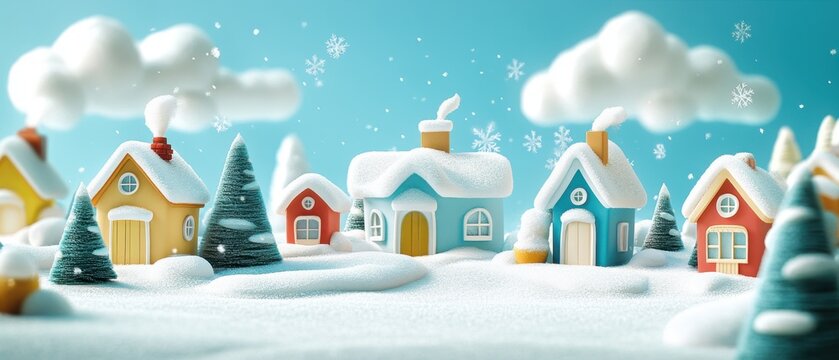 Charming winter village scene with snow covered houses and trees against a bright blue sky creating a festive holiday mood