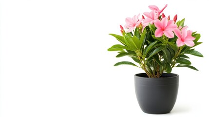 Pink Flowers in Dark Gray Pot Against White Background