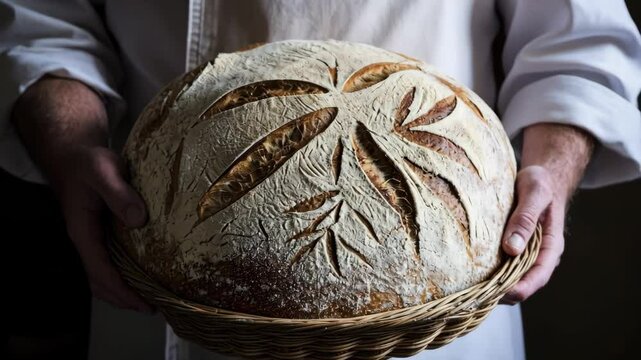 Caucasian man holding artisan sourdough bread with intricate patterns