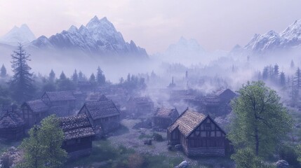 Feudal Village Nestled Between Misty Mountains