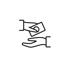 Minimalistic black and white line drawing showing a card being passed between two hands.