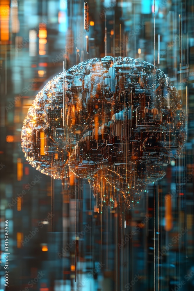 Poster abstract digital brain with data flow background in futuristic style