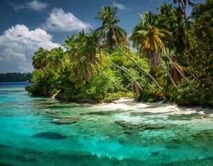 oculto en el corazón de una isla tropical, donde el verde follaje se entrelaza con las aguas cristalinas, creando una unión armoniosa entre la tierra y el mar, evocando una sensación de paraíso, 4k