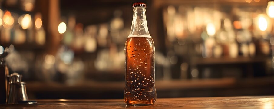 A close-up view of a sparkling beverage in an elegant glass bottle, placed on a wooden bar countertop with a warm, inviting background, highlighting the refreshment and joy of drin
