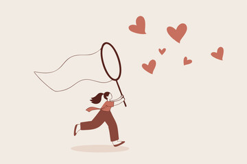 Searching for passion, motivation or work inspiration, finding relationship, romance dating, desire or aspiration concept, business woman using butterfly net to catch flying passionate lovely heart.