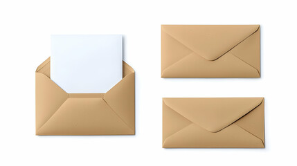 Three Kraft Paper Envelopes One Open With Blank White Card Inside And Two Closed On White Studio Background