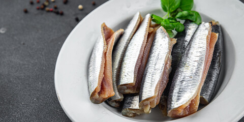 Sardines salted fish delicious gourmet food background on the table rustic food top view copy space vegetarian food pescetarian diet