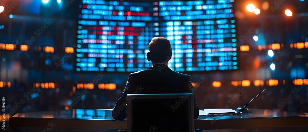 Poster a focused individual sits in front of a large digital screen displaying complex data and analytics, 