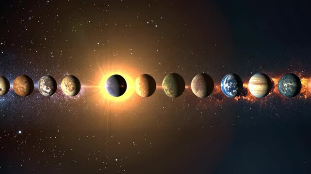 Solar system alignment with planets and sun during an eclipse viewed from cosmic perspective