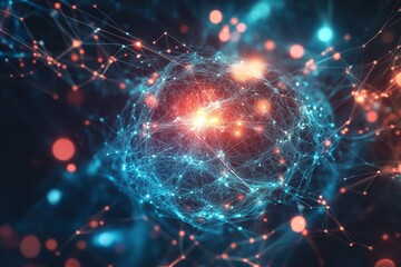 Obraz premium This abstract image showcases vibrant energy bursts within a digital network, symbolizing AI learning and technological innovation. Perfect for modern science themes.