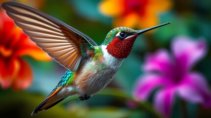 Fototapeta premium Hummingbird in Flight: A vibrant hummingbird, its iridescent green feathers and long, slender beak, hovers mid-air, wings a blur of motion.