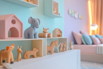 A pastel-themed kid's room with wooden animal figurines displayed neatly and a cozy bed in the corner