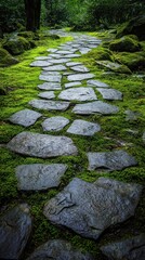 Naklejka premium Serene stone path winding through vibrant green moss garden creating a tranquil and inviting nature scene perfect for meditation and relaxation