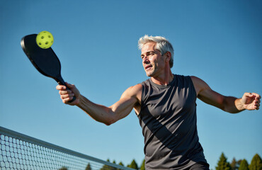 Mature man playing pickleball, hitting the ball with his paddle on a sunny day