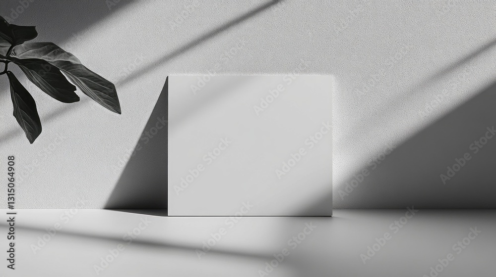 Poster A tranquil indoor space showcases a pristine white canvas resting on a smooth surface. Gentle sunlight filters through, creating soft shadows that enhance the minimalist aesthetic