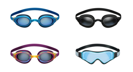 Colorful Swim Goggles Collection: Four Different Styles for Swimming. Isolated on Transparent Background.