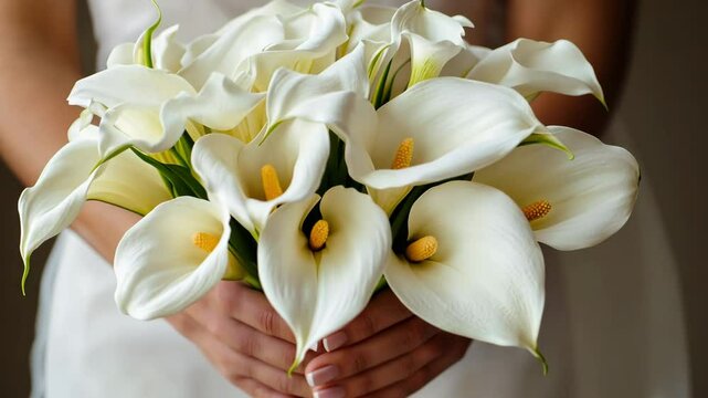 Elegant bridal bouquet of white calla lilies held by bride's hands