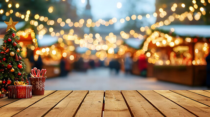 Christmas Market At Night With Decorated Wooden Table