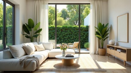 Modern minimalist living room design featuring a light beige sectional sofa, wooden coffee table, and lush potted plants, showcasing large windows and a private garden view