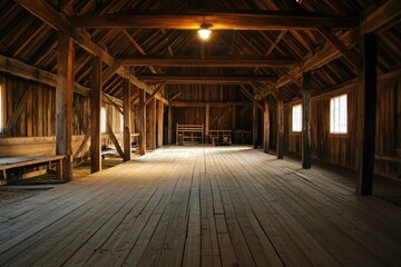 Spacious Barn Interior: Sunlit Wooden Structure with Rustic Charm and Open Space