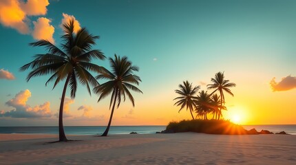 Obraz premium Tropical Paradise Sunset: A serene tropical beach scene at sunset, featuring swaying palm trees, crystal clear waters, and the sun's golden rays creating a warm and inviting atmosphere.