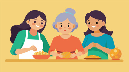Three generations of women working side by side sharing stories and secrets while they create the perfect dough for their famous Central American empanadas.. Vector illustration