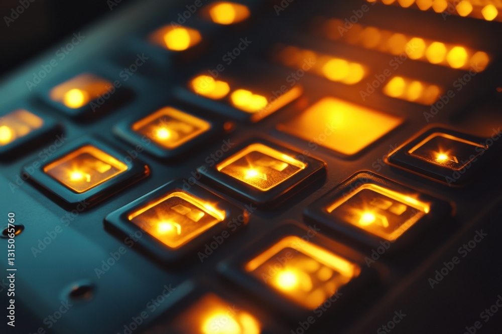 Poster illuminated alarm system keypad in a dimly lit office space with glowing buttons and secure modern d