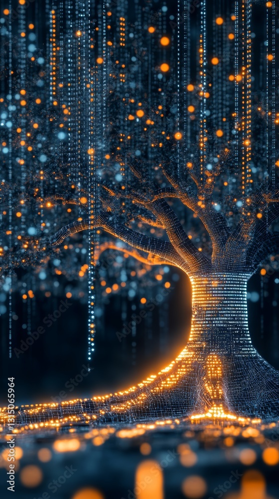Poster a captivating digital tree stands illuminated with streams of glowing data, showcasing a unique blen