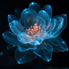A bioluminescent alien flower with translucent petals, softly glowing in the dark