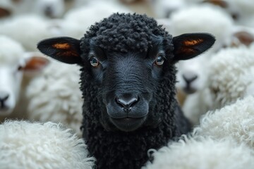 Black sheep stands out among a flock of white sheep in a pastoral setting on a cloudy day