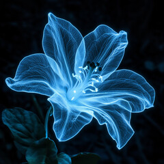 A bioluminescent alien flower with translucent petals, softly glowing in the dark